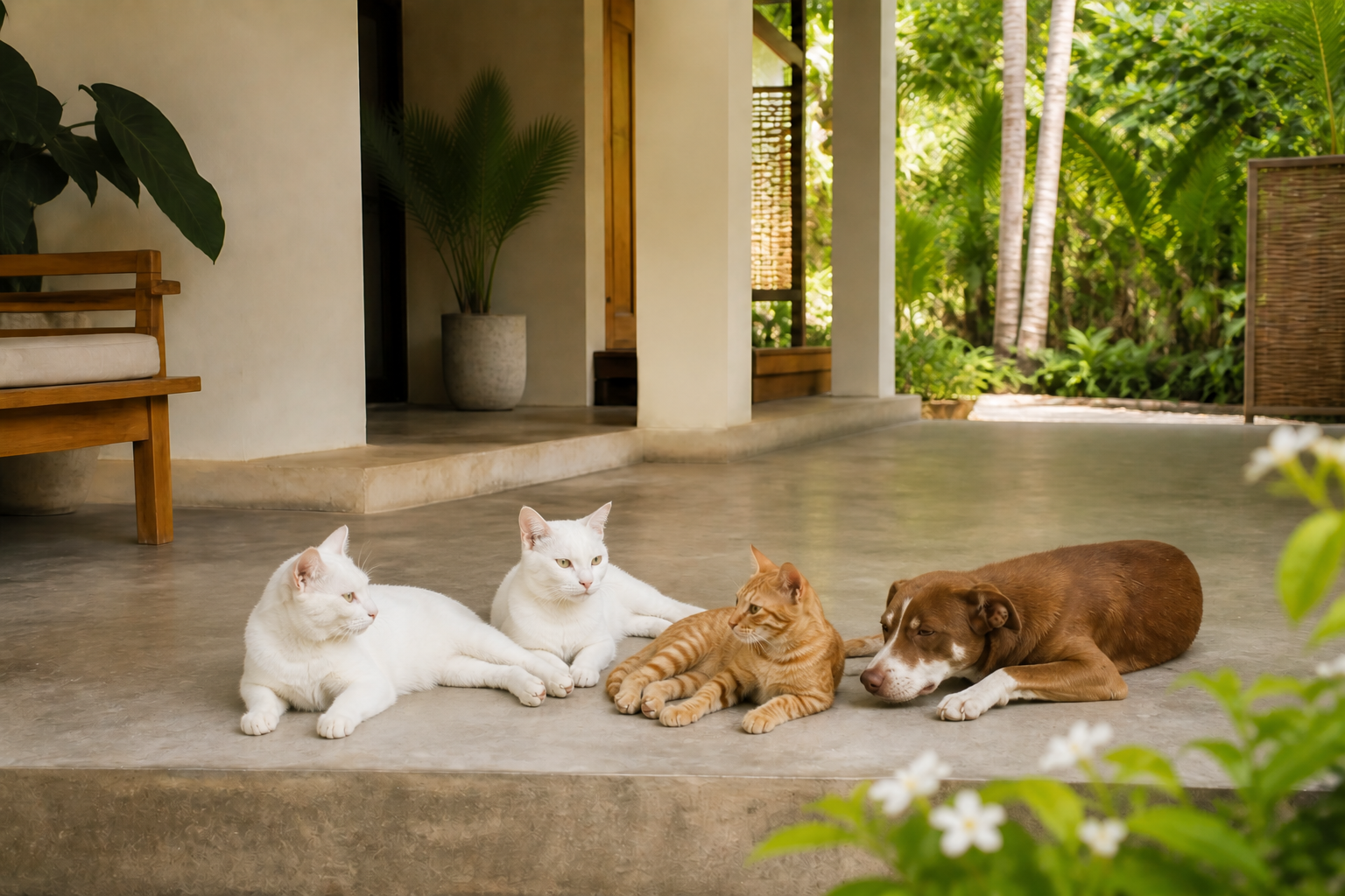 Tabi Tabi's resident dog and cats relaxing together in a tropical courtyard